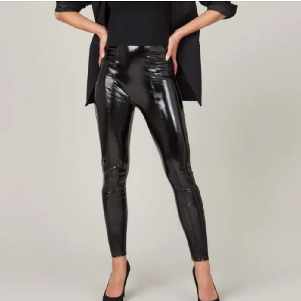 Spanx Faux Patent Leather Black Leggings Small High Rise Tall